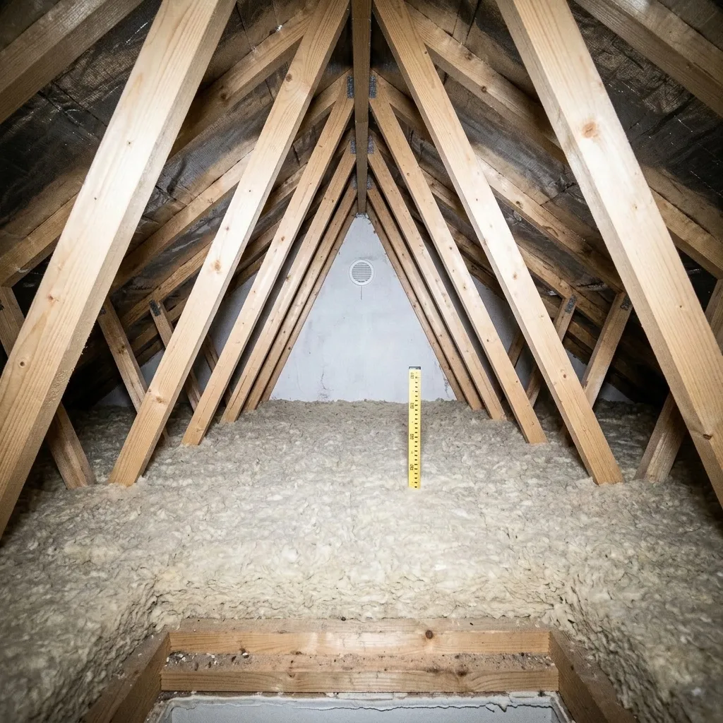 Le même comble après retrait de l'ancien isolant et soufflage d'une couche neuve, épaisseur contrôlée à la pige.