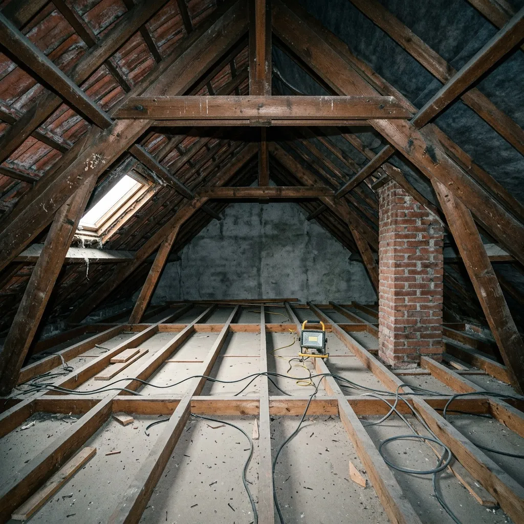Comble perdu avant travaux : solives nues, plancher poussiéreux, aucun isolant, câbles électriques apparents.